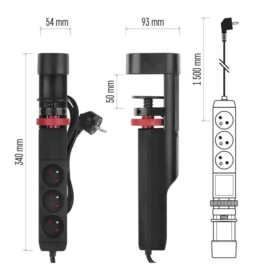 Prelungitor cu element de fixare de blat 3Z + 3xUSB 1,5m negru