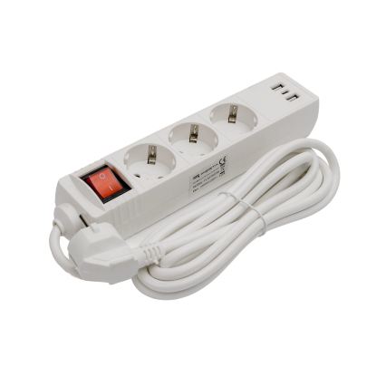 Prelungitor cu întrerupător, 3 prize Schuko, 2x USB-A + 1x USB-C, 3 m, alb