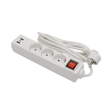 Prelungitor cu întrerupător, 3 prize Schuko, 2x USB-A + 1x USB-C, 3 m, alb