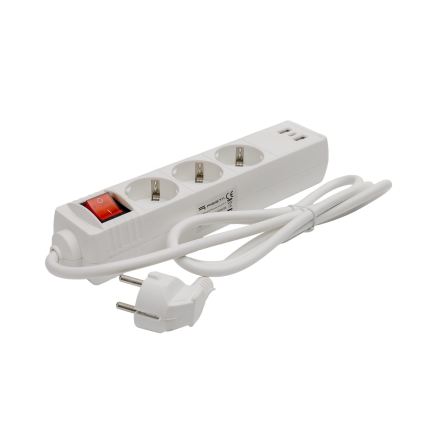 Prelungitor cu întrerupător, 3 prize Schuko, 2× USB-A + 1× USB-C, cablu 1,5 m, alb
