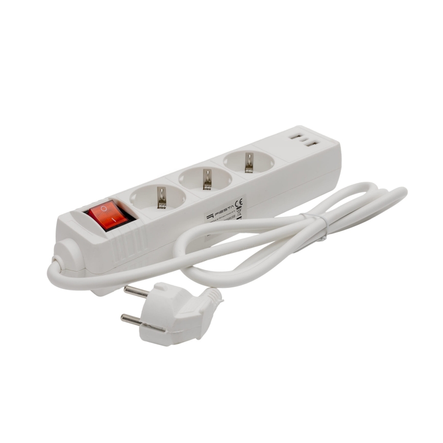 Prelungitor cu întrerupător, 3 prize Schuko, 2× USB-A + 1× USB-C, cablu 1,5 m, alb