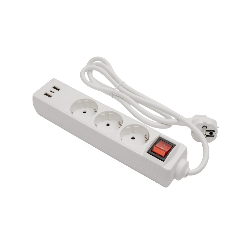Prelungitor cu întrerupător, 3 prize Schuko, 2× USB-A + 1× USB-C, cablu 1,5 m, alb