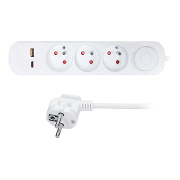 Prelungitor cu întrerupător, 3 prize și încărcare USB A+C, 5 m