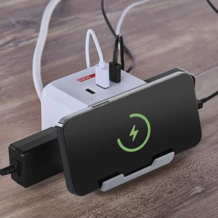 Prelungitor cub cu funcție de încărcare fără fir QI 2Z +2xUSB-A+1xUSB-C 2m alb