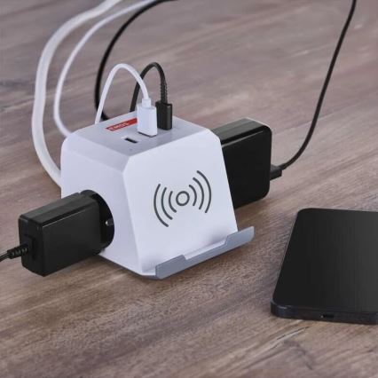 Prelungitor cub cu funcție de încărcare fără fir QI 2Z +2xUSB-A+1xUSB-C 2m alb