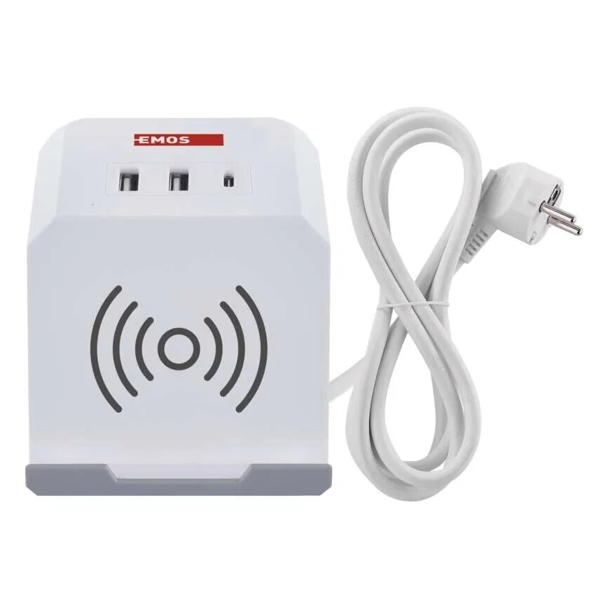 Prelungitor cub cu funcție de încărcare fără fir QI 2Z +2xUSB-A+1xUSB-C 2m alb