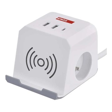 Prelungitor cub cu încărcare fără fir QI 2Z +2xUSB-A+1xUSB-C 2m alb