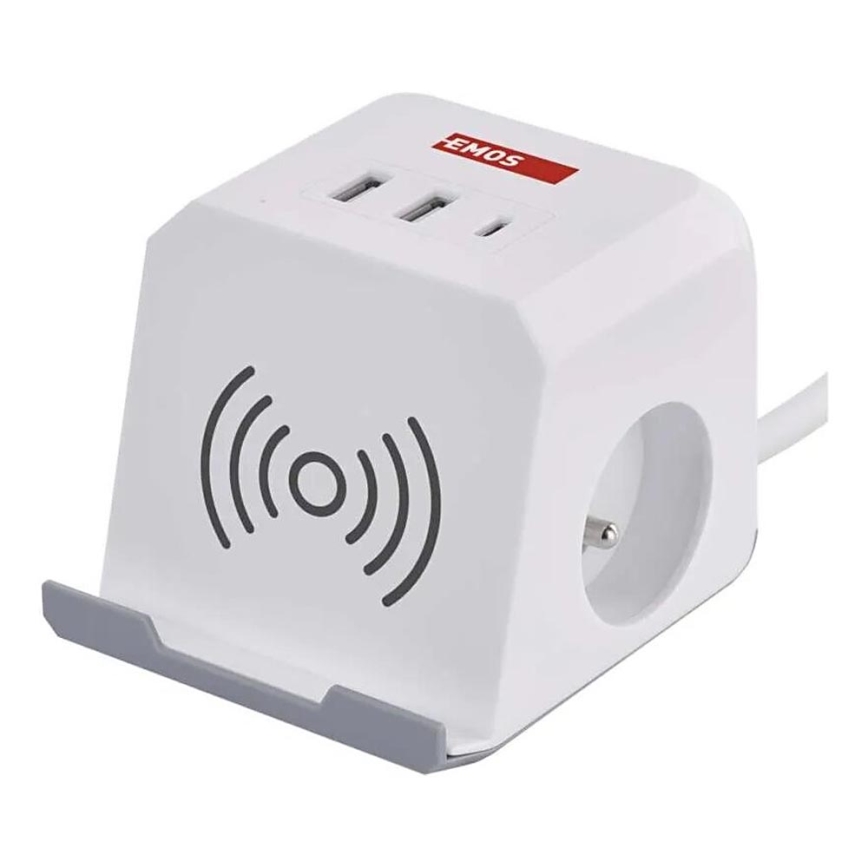 Prelungitor cub cu încărcare fără fir QI 2Z +2xUSB-A+1xUSB-C 2m alb
