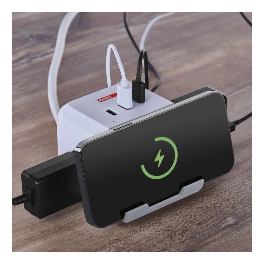 Prelungitor cub cu încărcare fără fir QI 2Z +2xUSB-A+1xUSB-C 2m alb