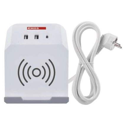 Prelungitor cub cu încărcare fără fir QI 2Z +2xUSB-A+1xUSB-C 2m alb