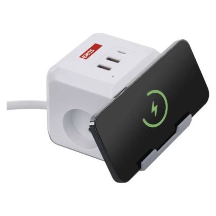 Prelungitor cub cu încărcare fără fir QI 2Z +2xUSB-A+1xUSB-C 2m alb