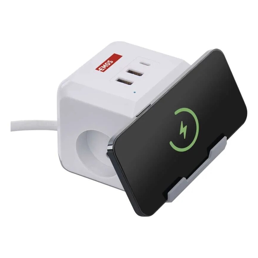 Prelungitor cub cu încărcare fără fir QI 2Z +2xUSB-A+1xUSB-C 2m alb