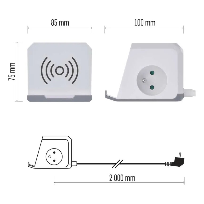 Prelungitor cub cu încărcare fără fir QI 2Z +2xUSB-A+1xUSB-C 2m alb