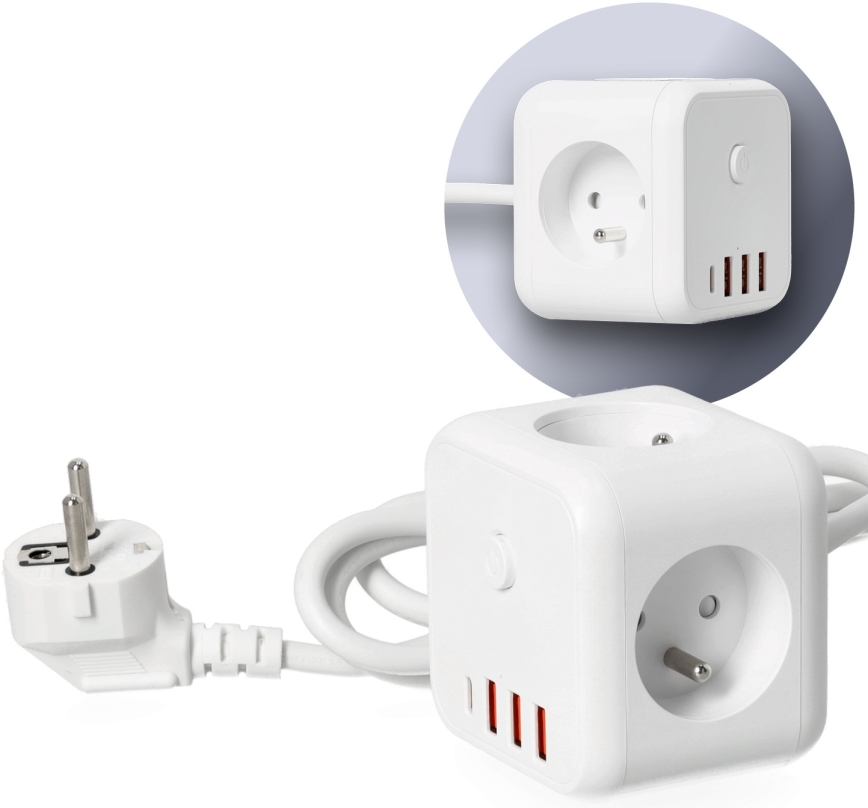 Prelungitor cubic cu întrerupător LINEA 3x230V + 4xUSB c.a. alb