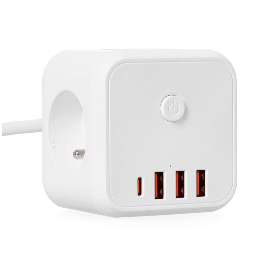 Prelungitor cubic cu întrerupător LINEA 3x230V + 4xUSB c.a. alb