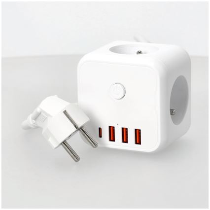 Prelungitor cubic cu întrerupător LINEA 3x230V + 4xUSB c.a. alb