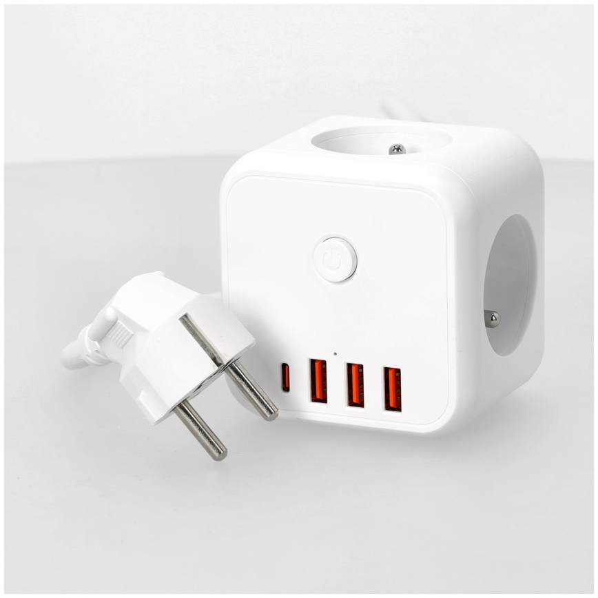 Prelungitor cubic cu întrerupător LINEA 3x230V + 4xUSB c.a. alb