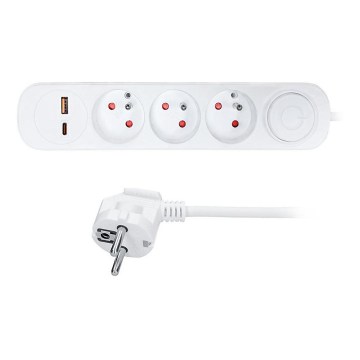 Prelungitor de 3 m cu întrerupător, 3 prize și porturi USB-A și USB-C pentru încărcare