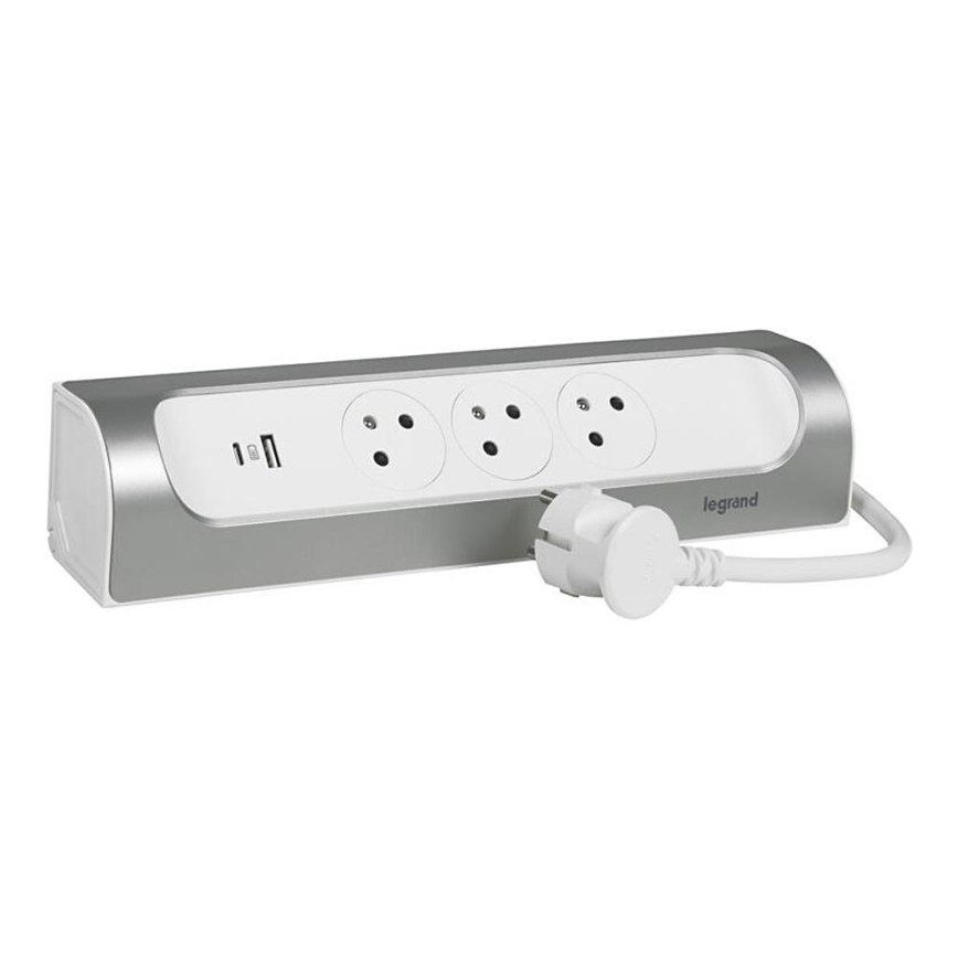 Prelungitor Legrand 049406 3Z tip E + USB-A + USB-C 1m argintiu/alb