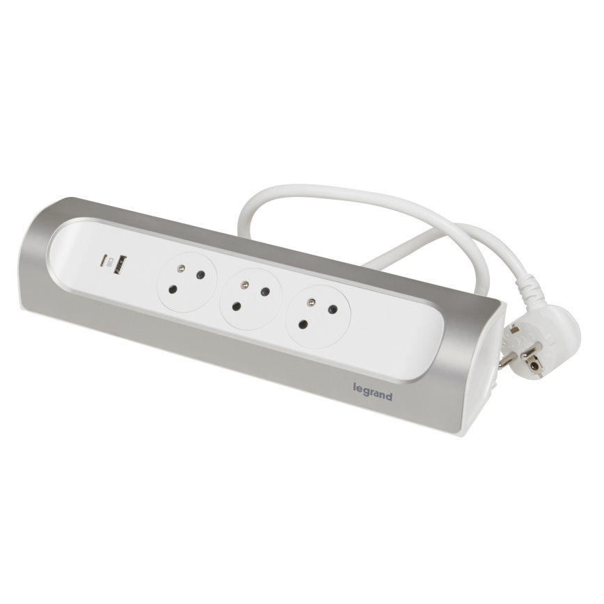 Prelungitor Legrand 049406 3Z tip E + USB-A + USB-C 1m argintiu/alb