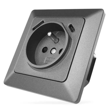 Priză de perete tip FRENCH cu USB-A+USB-C, 250V/16A, antracit