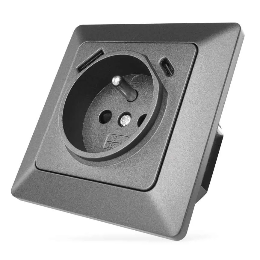 Priză de perete tip FRENCH cu USB-A+USB-C, 250V/16A, antracit