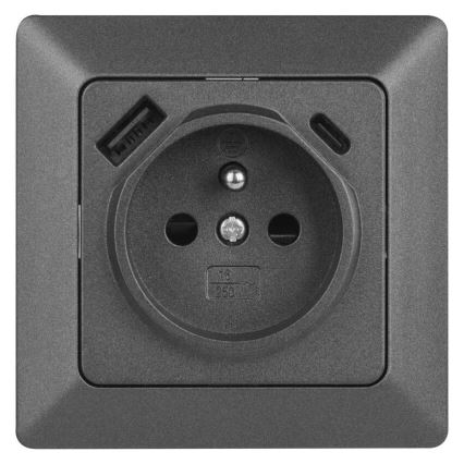 Priză de perete tip FRENCH cu USB-A+USB-C, 250V/16A, antracit