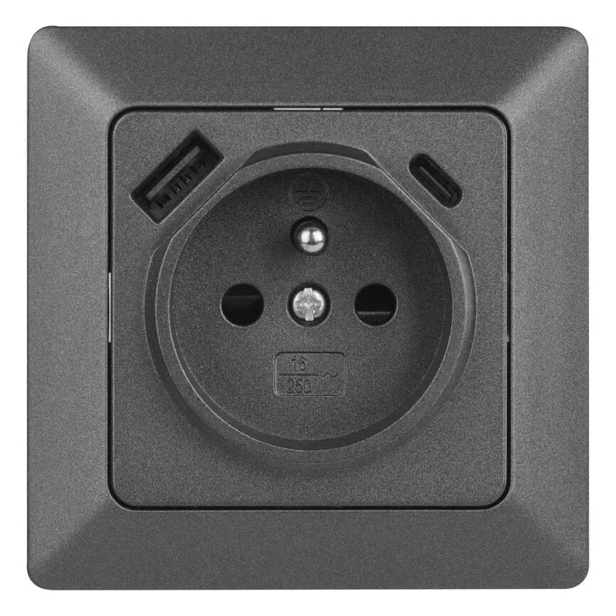 Priză de perete tip FRENCH cu USB-A+USB-C, 250V/16A, antracit