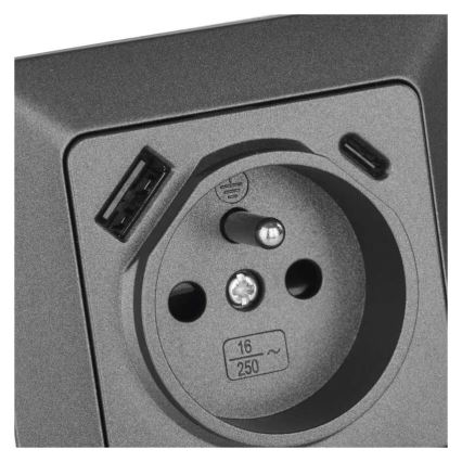 Priză de perete tip FRENCH cu USB-A+USB-C, 250V/16A, antracit
