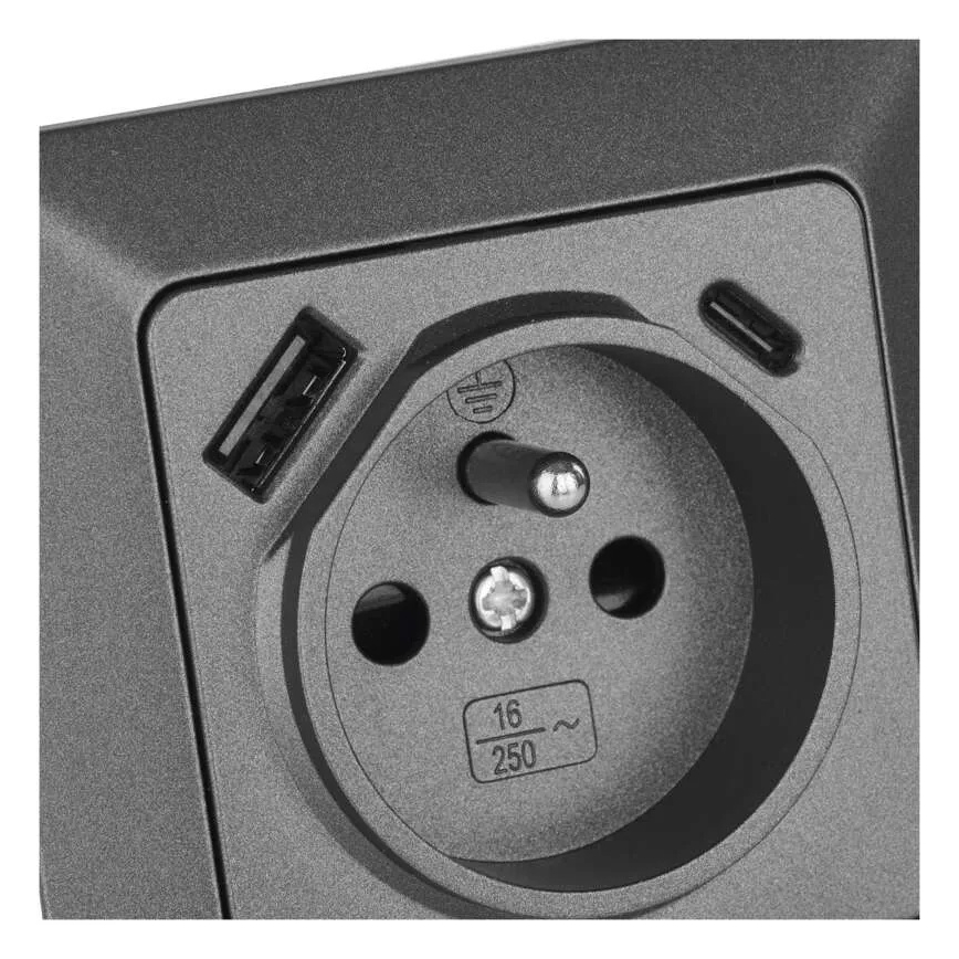 Priză de perete tip FRENCH cu USB-A+USB-C, 250V/16A, antracit