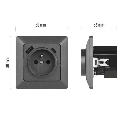 Priză de perete tip FRENCH cu USB-A+USB-C, 250V/16A, antracit