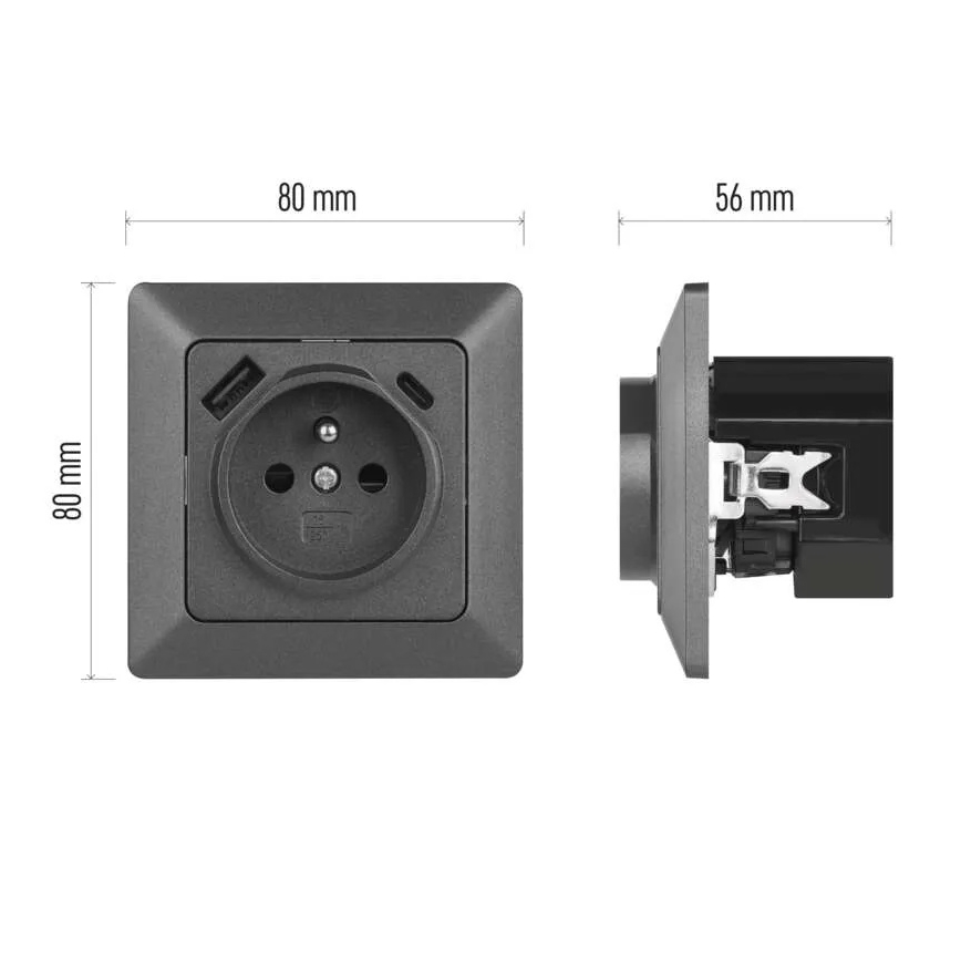 Priză de perete tip FRENCH cu USB-A+USB-C, 250V/16A, antracit
