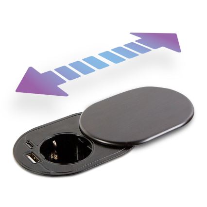 Priză încastrabilă cu capac glisant, 1x priză + USB-C + USB-A, neagră