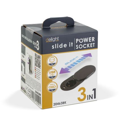 Priză încastrabilă cu capac glisant, 1x priză + USB-C + USB-A, neagră