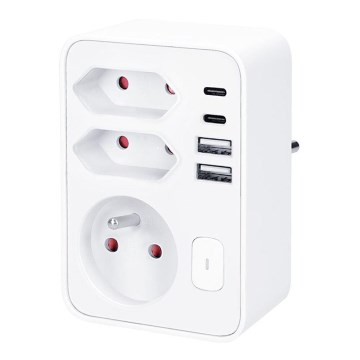 Priză multiplă 1x16A + 2x2,5A cu încărcător 2x USB (A+C), albă