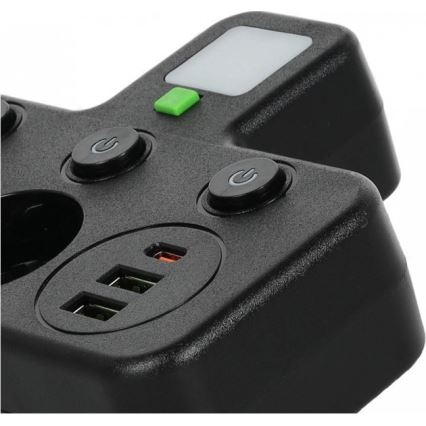 Multipriză LINEA PRO, 2 prize SCHUKO + 3xUSB A/C, cu întrerupător și iluminare LED 4000K, neagră