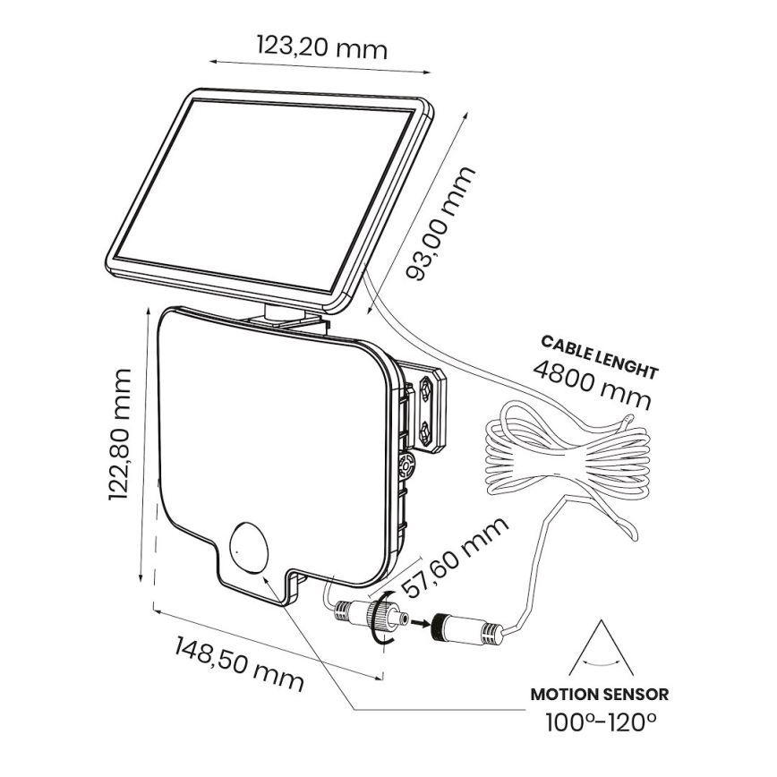 Proiector LED ALEX cu senzor și panou solar, 5,5W/3,7V, 1200 mAh, IP44
