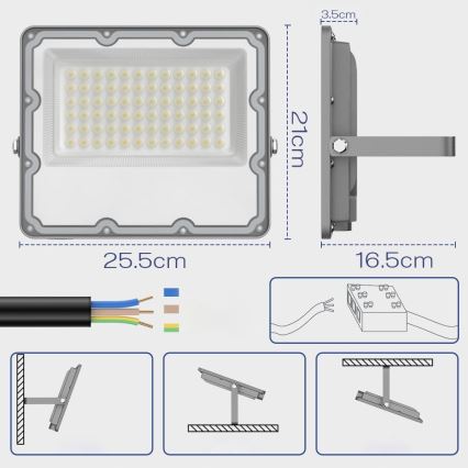Proiector LED exterior 100 W, 230 V, 4500 K, IP65, gri