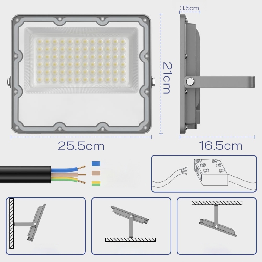 Proiector LED exterior 100 W, 230 V, 4500 K, IP65, gri