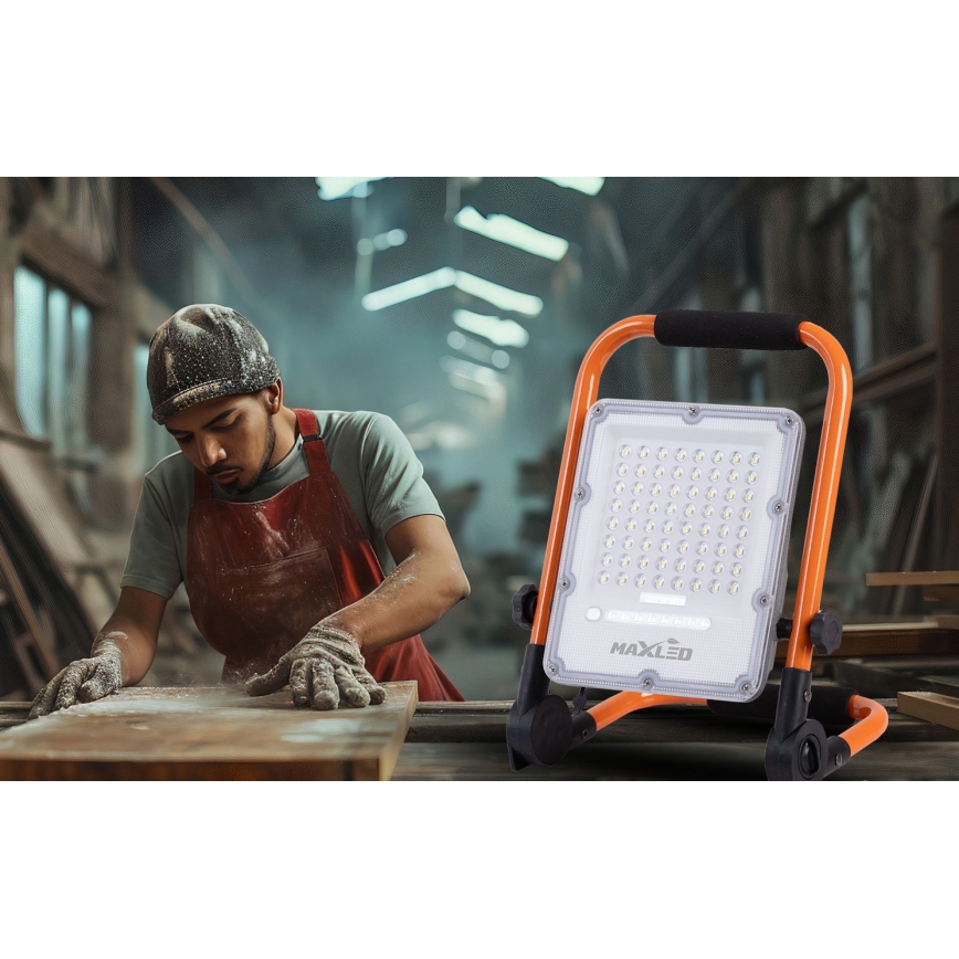 Proiector LED reîncărcabil, reglabil în intensitate, cu stativ, 50 W, 3,2 V, 4500 K, 5000 mAh, IP65, portocaliu