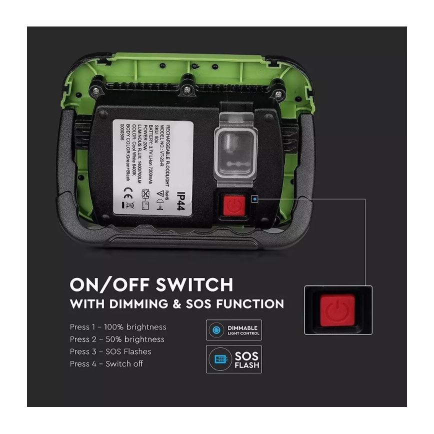 Proiector LED reîncărcabil SAMSUNG CHIP + funcție SOS LED/20W/3,7V/USB IP44 4000K verde