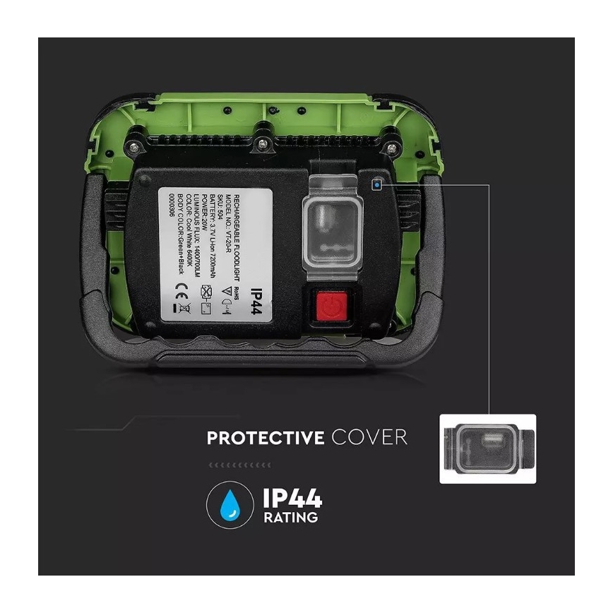 Proiector LED reîncărcabil SAMSUNG CHIP + funcție SOS LED/20W/3,7V/USB IP44 4000K verde