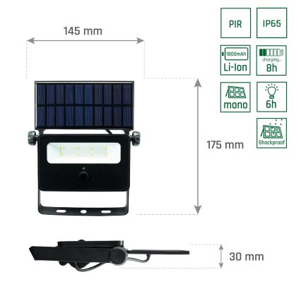 Proiector LED solar cu senzor de mișcare și crepuscular NOCTIS LED/2W/1800 mAh 3,7V 6000K IP65