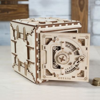 Puzzle mecanic 3D din lemn, seif Ugears