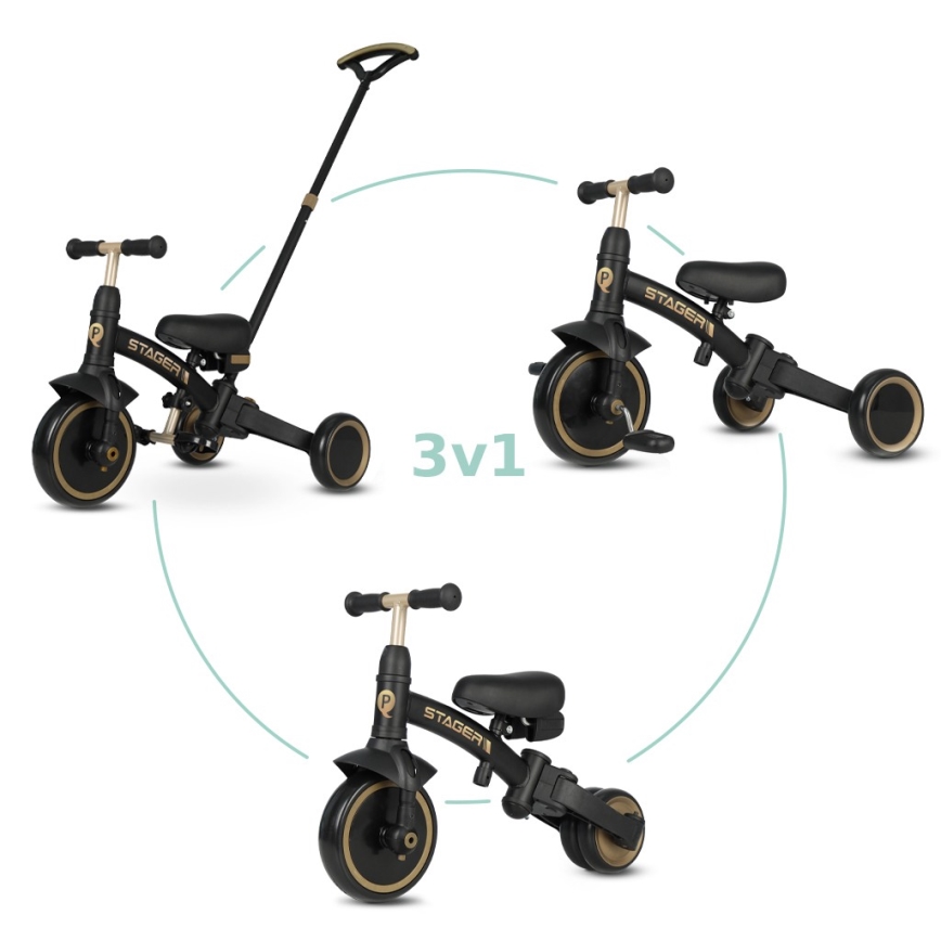 QPlay STAGER - Tricicletă 3 în 1 pentru copii, neagră