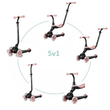 QPlay - Trotinetă pentru copii SEMA EVO 5 în 1, cu roți LED, roz