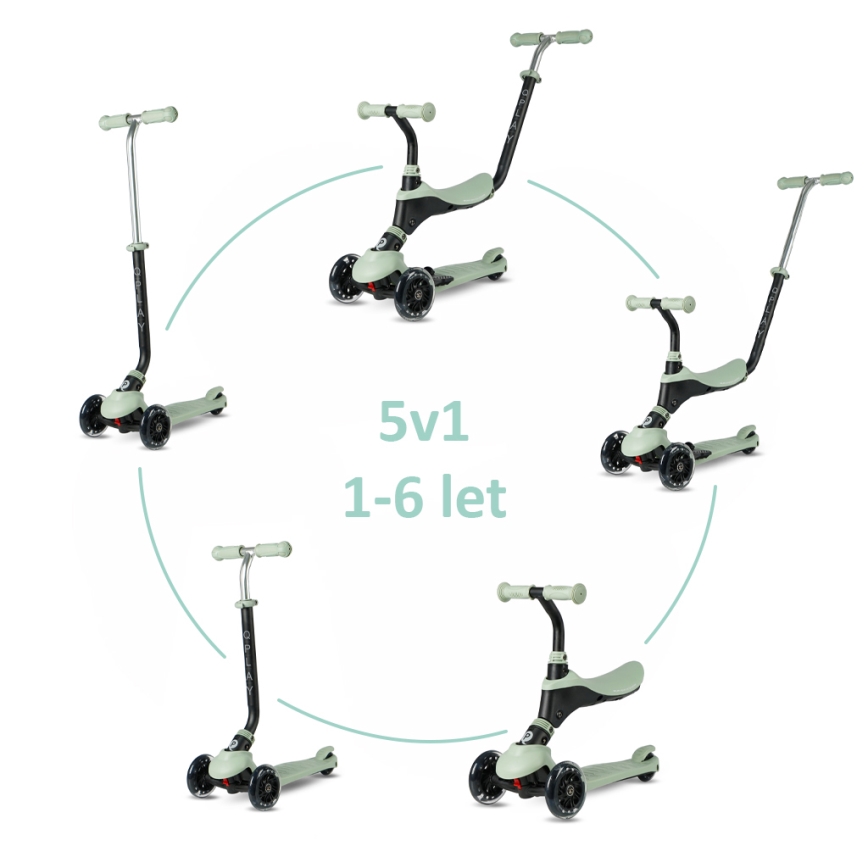 QPlay - Trotinetă pentru copii SEMA PRO 5-în-1 cu roți iluminate LED, verde