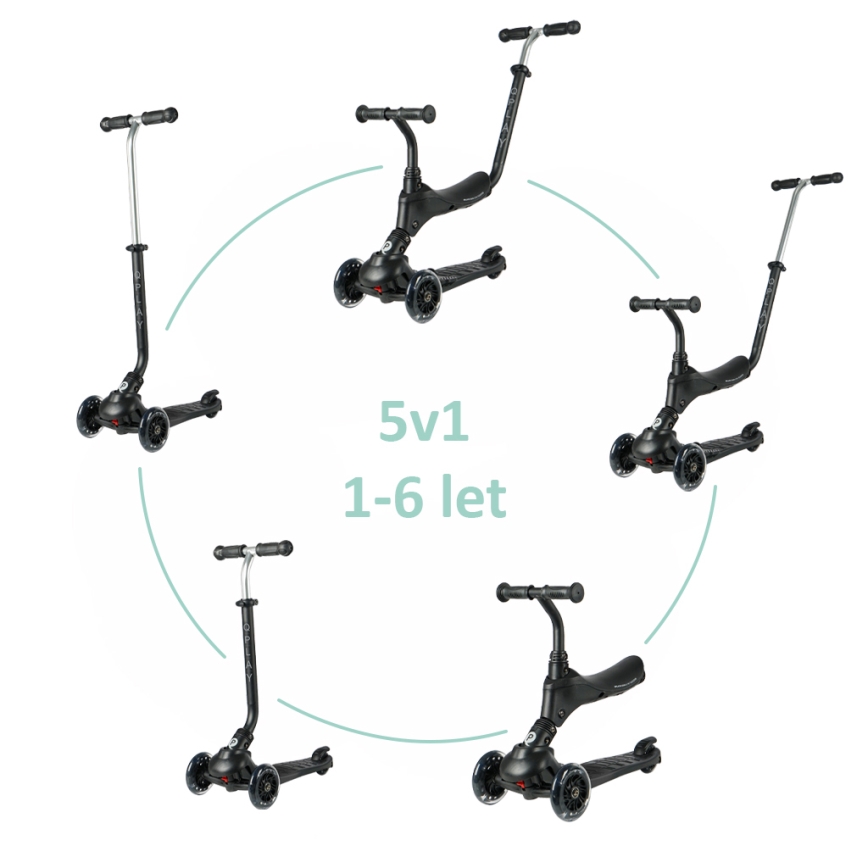 QPlay - Trotinetă pentru copii SEMA PRO 5în1 cu roți LED, neagră