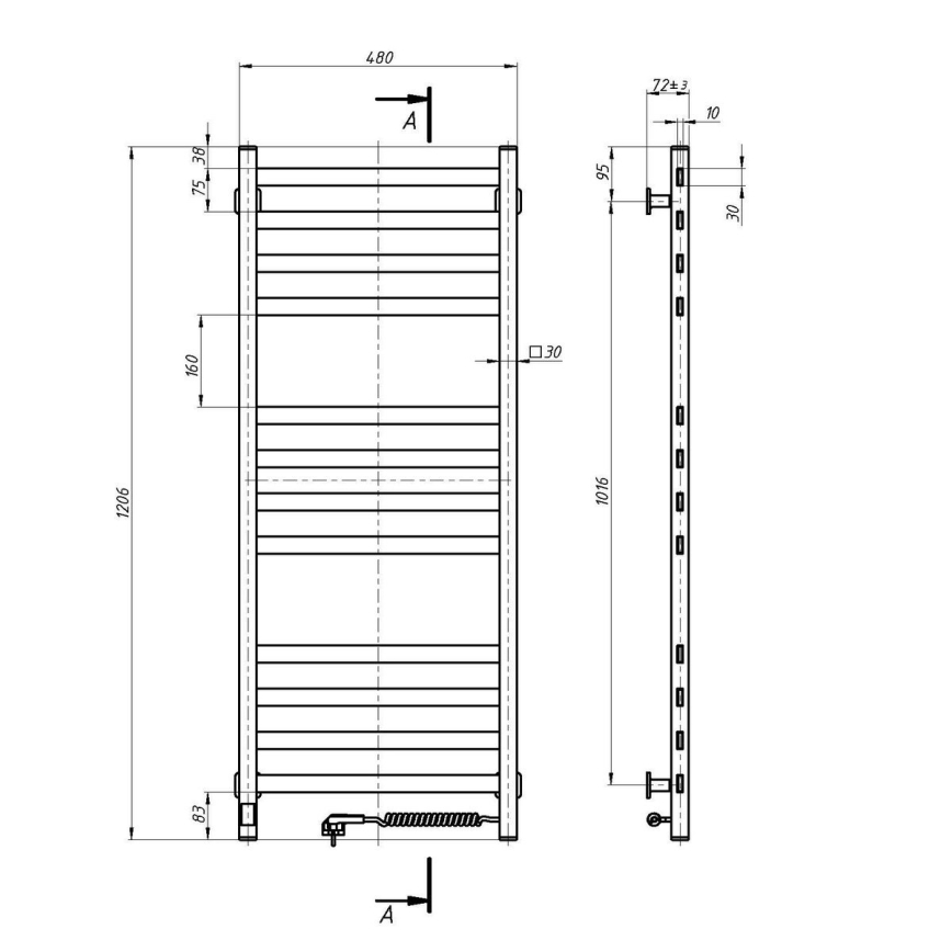 Radiator de baie tip scară AVANGARD cu termostat, 227 W, 120 x 48 cm, alb, conexiune pe dreapta