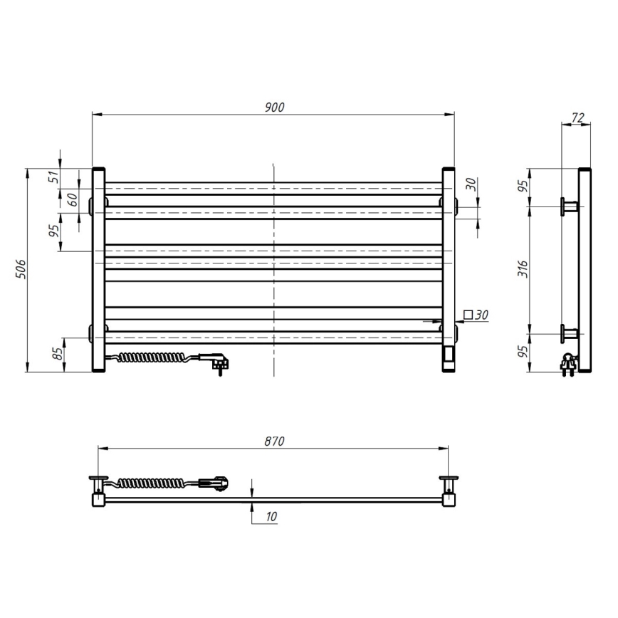 Radiator pentru baie tip scară AVANGARD cu termostat — 300 W/230 V, 50,6 cm, IP44, alb, versiune stânga, design cu colțuri drepte